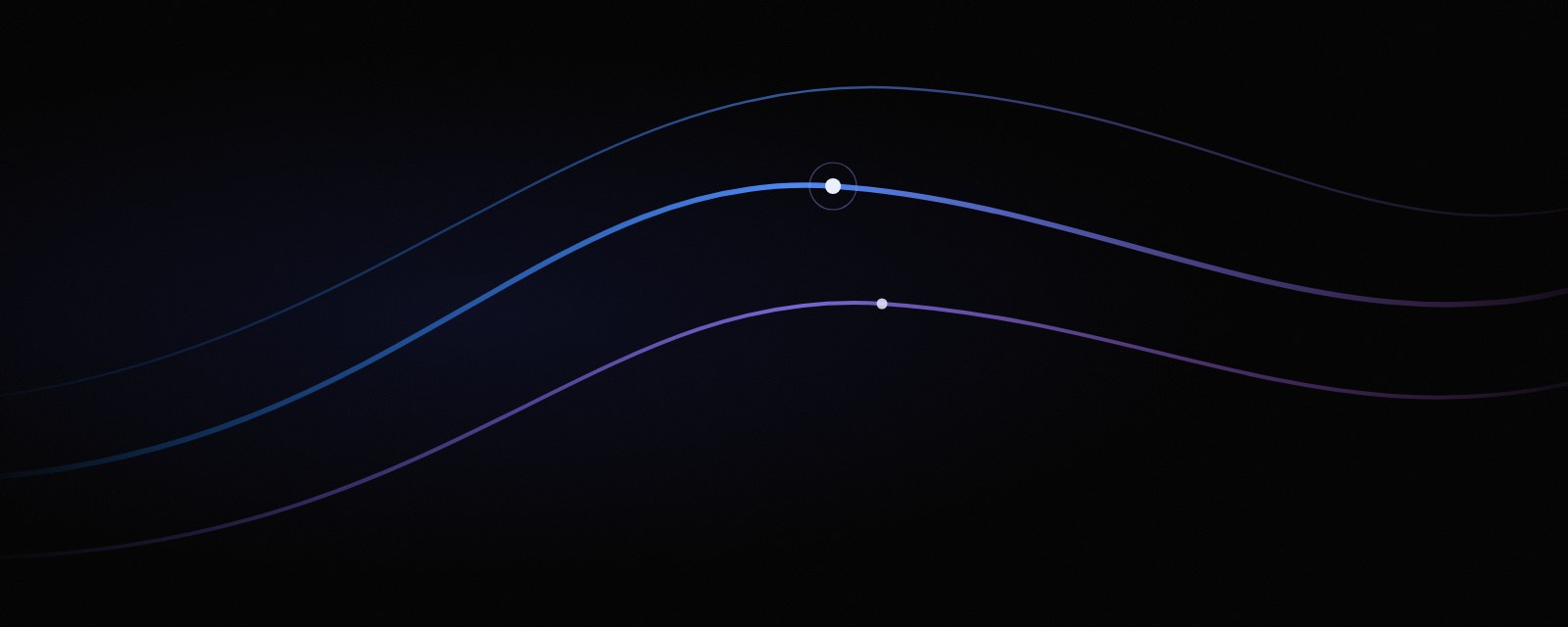 Smooth trails of blue-violet light flowing through a glowing node — visualizing an AI agent carrying a multi-step business process